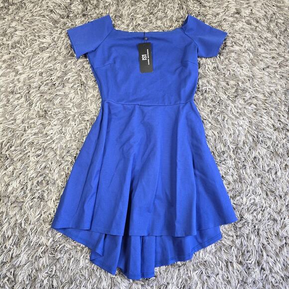 Sarin Mathews Dress Womens Large Royal Blue Off Shoulder High Low Skater Party - Picture 1 of 7